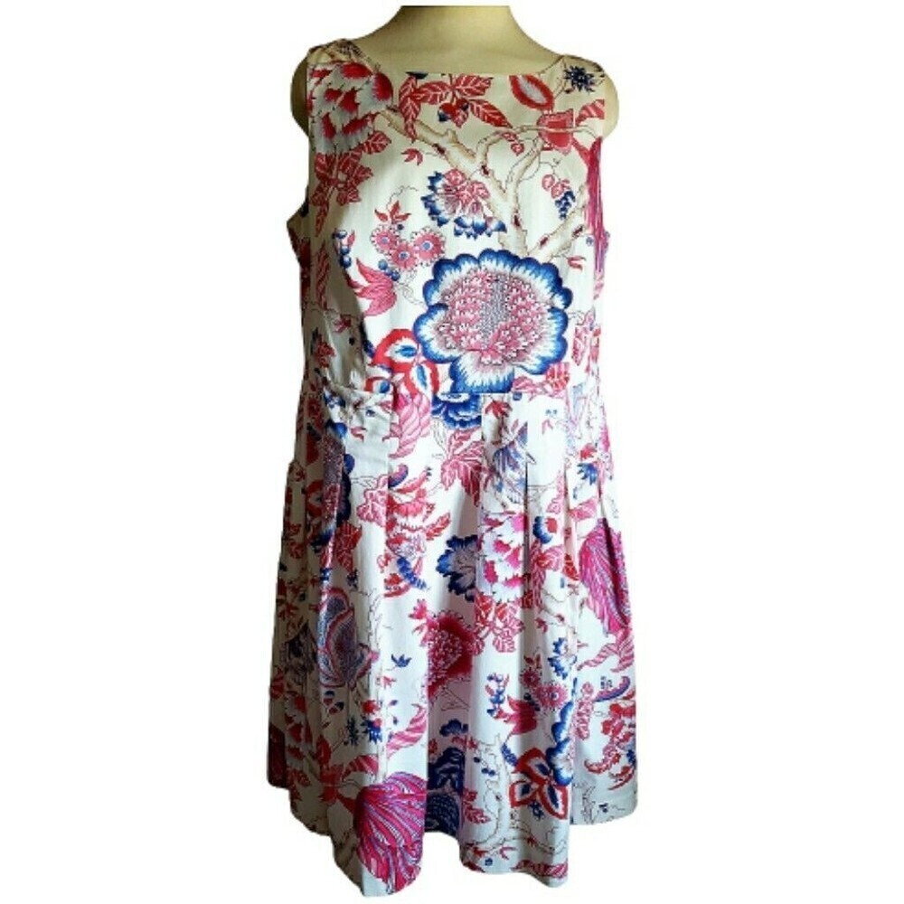 Talbots Dress 12 White Pink Floral Pockets Pleated Fit Flare Boho lined Midi - Picture 2 of 13